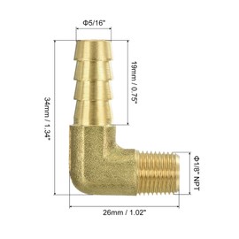 sourcing map Brass Hose Barbed Elbow Fitting 2pcs 5/16" Barb x 1/8" NPT Male 90 Degree Brass Barb Pipe Fitting for Water Fuel Air