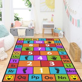 Kid Hopscotch Play Rug, ABC Alphabet Number Educational Carpet, Playroom Classroom Mat Non-Slip Washable (Red 55x79 in)