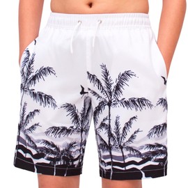 MEILONGER Boys Swim Trunks Boys Swimming Shorts with Compression Liner Quick Dry Stretchy 2 in 1 Board Shorts Size 8,10-12,14-16,18-20 Years(White Black(Tree),10-12)