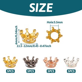 Spritewelry 20 pcs Zinc Alloy Crown Beads Large Hole Spacer Beads with Rhinestone Vintage King & Queen Crown Big Hole Beads for DIY Jewelry Bracelet Crafts Making Supplies 4 Colors