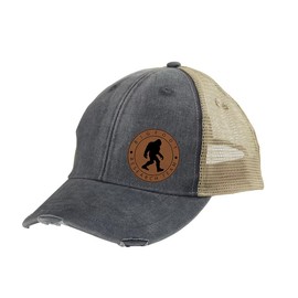 Maddmax Car Art Bigfoot Sasquatch Research Team Side Logo Laser Engraved Leather Patch Distressed Trucker Snapback Cap Charcoal/tan