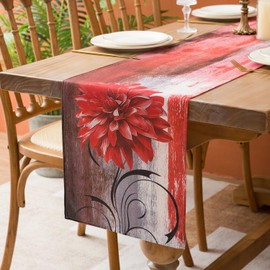 Christmas Table Runner Red Flowers Grey and Red Table Runner Linen Abstract Christmas Tablecloth Modern Dining Room Table Runner Boho for Holiday Wedding Kitchen Farmhouse 40 x 140 cm