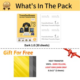 TransOurDream Tru-Heat Iron on Transfer Paper for Dark Fabric (30+3 Sheets, 8.5x11") Printable Iron on Transfers Paper for Inkjet Printer & Heat Transfer Sheets for T Shirts (D1-33)