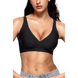 Vertvie Womens Wireless Seamless Bras Deep V No Underwire Push Up Bras Supportive Full Coverage Bralettes Plunge T Shirt Bra(Black,XX-Large)