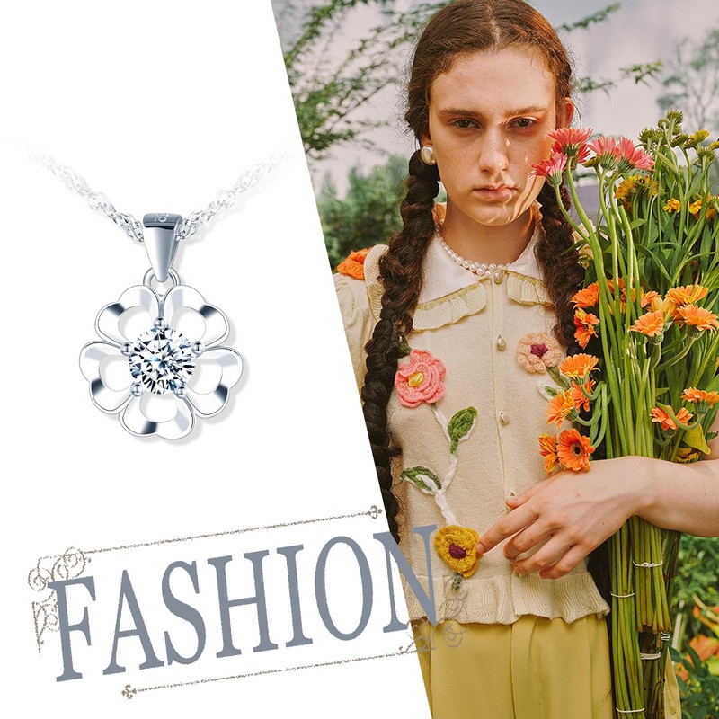 feilok Women's Necklace with Flower Pendant 925 Sterling Silver Necklace