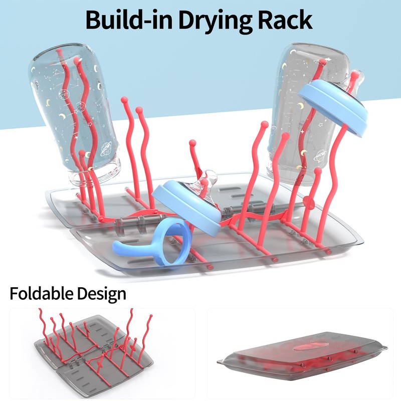 Travel Baby Bottle Drying Rack with Bottle Brush,Nipple Brush,Straw Cleaner