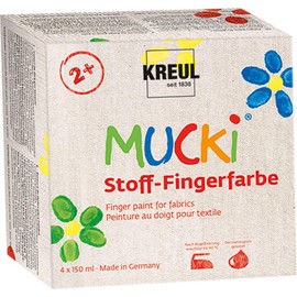 KREUL 28400 Mucki Fabric Finger Paint, Bright Water-based Paints for Children from 2 Years, 4 x 150 ml, Yellow, Red, Green, Blue