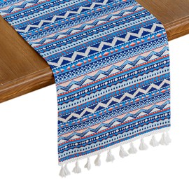 Bigqin Boho Table Runner, 180 x 30 cm Washable Table-Runner Geometry Blue Country Style Table Decoration Table runner with Tassels, Washable Table Decoration for Birthdays & Weddings