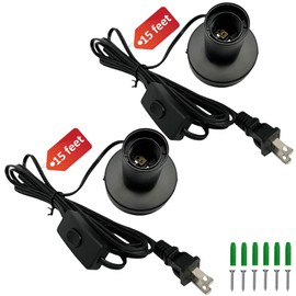 atiyoc Black Metal E26/E27 Screw Light Socket with 15FT Extension Cord, Hanging Light Cord for Garage,80MM Small Table Lamp Base Ceiling Bulb Holder, On/Off Switch US Plug in Wire (2 Pack)