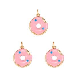 LiQunSweet 5 Pcs Pink Doughnut Enamelled Charm Brass Enamel Charms Mini Sweet Donut Golden Dessert Charm for Jewelry Making - 15x13mm