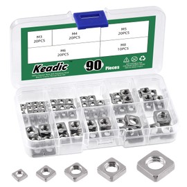 Keadic 90Pcs 304 Stainless Steel Square Nuts Assortment Kit, M3x5.5mmx2mm, M4x7mmx2mm, M5x8mmx3mm, M6x10mmx3mm, M8x13mmx4mm Coarse Thread Nut for Furniture, Electrical Appliances
