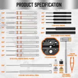 HORUSDY 23-Piece Punch Set Roll Pin Punch Set and Hammer with Bench Block, Punch Tool Ideal for Maintenance