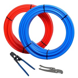 GUOFIS 3/4 Inch PEX-B Pipe, 2 Rolls Blue & Red Each 75 Feet (150ft) Length PEX Tubing Pipes, with Pex Cinch Clamp Crimping Tool and Pipe Cutter,for Potable Water and Hot Water Applications