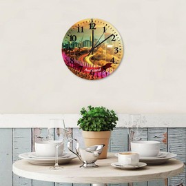 Minimalist Wood Clock Silent Non-Ticking Large Numbers Battery Operated Auckland City Landscape States Flags Wood Clocks Rustic Wooden Wall Decor for Yoga Room Bathroom Porch 12 Inch