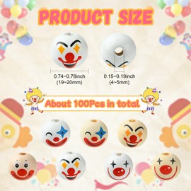 Stiesy 100 Pcs Printed Wood European Beads 19~20mm Round with Clown Pattern Decorative Wooden Beads for Craft Necklace Bracelet Jewelry Making DIY Craft Home Decoration