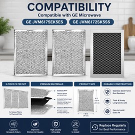 Microwave Charcoal Filter Replacement Kit – 3 Pack Grease Filters for GE JVM6175EK5ES JVM6172SK5SS Over-the-Range Microwaves with Easy Kitchen Air Maintenance