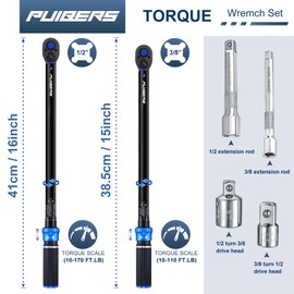 PUIBERS 1/2 3/8 inch Drive Click Torque Wrench Set,2 Pcs Torque Wrenches 10-170 FT.LB/13.6-230.5Nm,10-110 FT.LB/13.6-149.2Nm,±3% High Accuracy Torquimetro for Bike, Moto and Car Repair
