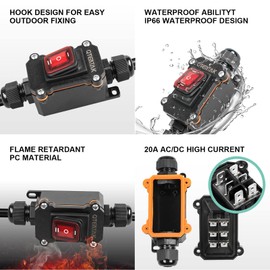Inline Cord Switch DPST AC/DC 20A-125V,16A-250V,30A-24V,35A-12V, IP66 Waterproof (On)-Off-(On) with Red Light Buttons, Two-Side Entry & Exit Line, Outdoor Electrical Start Stop Toggle Switch