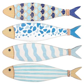 DOPENSPI Putuo Decor 4PCS Wooden Fish Wall Decor with Marine Stripes, 9.8x2.3in Vintage Beach Wall Decor Lake House Hanging Decor Fish Wall Sculpture Ocean Wall Art for Coastal Living Room Bathroom Be