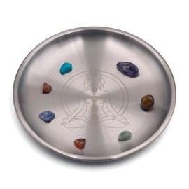 5.5inch Altar Ritual Plate Dish with Stones,Stainless Steel Flat Bowl Round Metal Jewelry Tray Prayer Astrology Tarot Plate Ring Trinket Holder for Smudging Decoration Trays Silver(Seven Chakras)