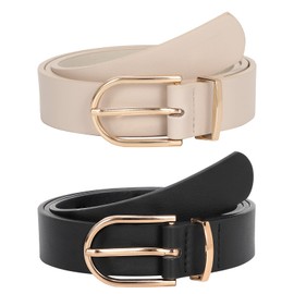 JASGOOD 2 Pack Women Leather Belts for Jeans Pants Fashion Ladies Belt with Gold Buckle,C-Black+Beige,Fit Waist Size 38"-42"