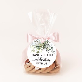 50 Thank You Favor Tags, Thank You for Celebrating with Us Gift Tags for Weddings, Bridal Showers, Birthdays, Parties, Baby Showers, 2-inch Round with 2 Rolls of Ribbon 20M/65.6ft. Greenery