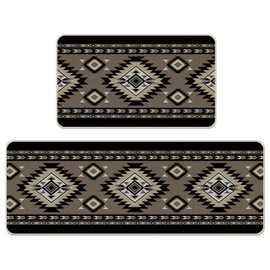 Livcoz Southwest Native American Indian Kitchen Rugs Set of 2, Boho Vintage Aztec Navajo Tribal Floor Mats Home Decor, Bohemian Grey Geometric Door Mat Decorations - 17x29 and 17x47 Inches