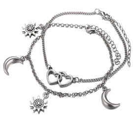 Dishowme Sun Moon Anklet Bracelet Lariat Heart Foot Chain Boho Layered Sunflower Crescent Summer Beach Barefoot Sandal Jewelry for Women Girls (Silver)