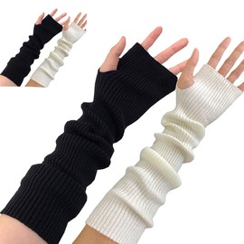 aoozleny 2 Pair Wool Wrist Warmer Winter Long Fingerless Gloves Knit Mitten Gloves Arm Warmer with Thumb Hole for Women (Standard, Black+White)