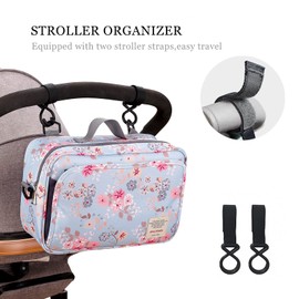 SONARIN Pram Organiser, Buggy Organiser, Buggy Bag with Drink Holder, 2 x Pram Hooks, Shoulder Strap Used as Handbag, Universal Fit All Buggy Models (Flower)