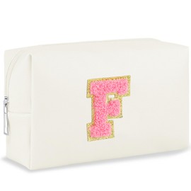 URSKYTOUS - Bolsa de maquillaje con inicial, personalizada, pequeña bolsa de cosméticos de viaje, bonita bolsa de maquillaje de felpilla blanca de poliuretano, para cartera, impermeable, con cierre,