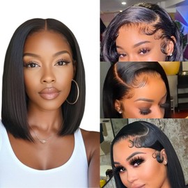 Yijimei Bob Wig Human Hair Bob Lace Front Wigs Glueless Bob Wigs For Black Women Short Pre Plucked 13x4 Hd Transparent Frontal Lace Wig (natural black bob wig, 16 inch)