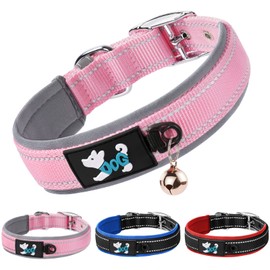 AUAUY Nylon Dog Collar, Pet Dog Reflective Collar, Ultra Soft Neoprene Padded, Adjustable Reflective Stitching Pet Collar with Durable Metal Buckle D-ring and Label Ring for All Breeds(Pink-S)