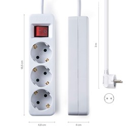 FAMATEL Ecosockets Strip 3 Sockets I with On/Off Switch I 3 Metres I Up to 3680W I Child Lock I Alignment of Sockets at 45º I Prevents Hidden Consumption I White