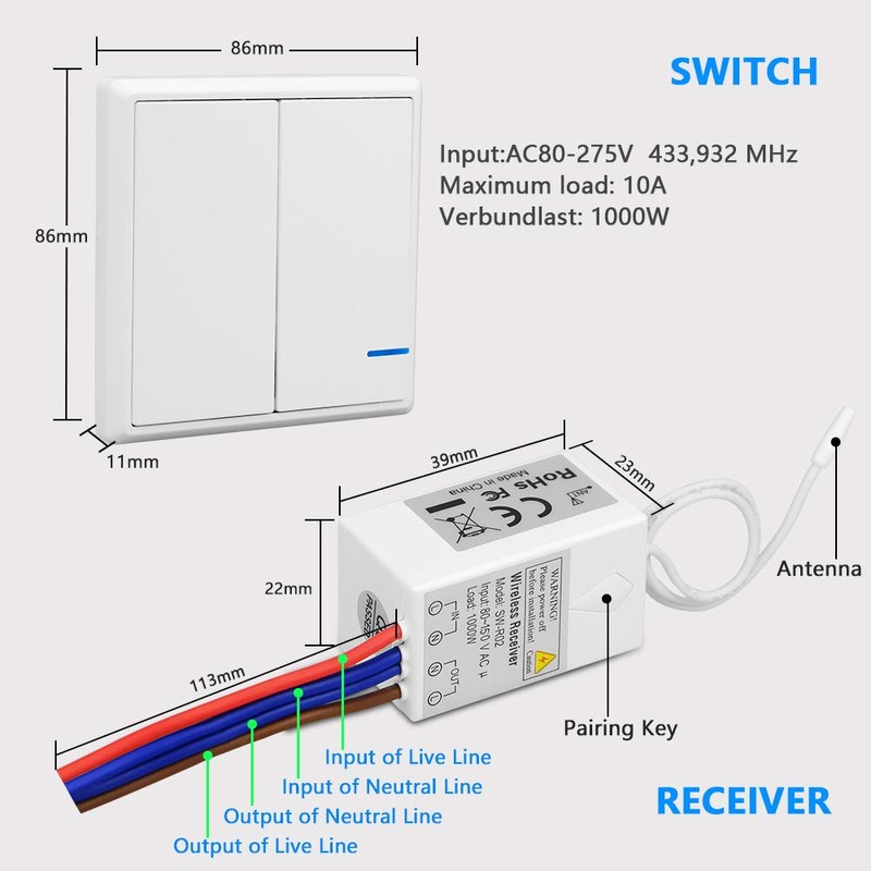 Thinkbee Wireless Light Switch and Receiver Kit, Outdoor 1900ft Indoor