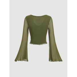 Verdusa Women's Knot Front Flare Bell Long Sleeve Lettuce Trim V Neck Mesh Crop Tee Top Army Green Small