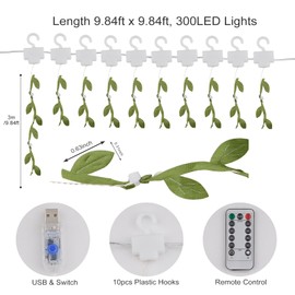 Vine with Fairy Lights USB Plug - 300 LED 9.8x9.8ft Hanging String Lights Outdoor Greenery Garland with Hook Remote for Christmas Wedding Backdrop Wall Ceiling Mantle Garden Decor DIY Crafts