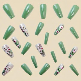 Green Pink Flower Fake Nails Press On Nails Medium Coffin,Glossy with Designs Full Cover Acrylic Glue on Nails Medium Coffin False Nails Thick French Tip Stick on Nails for Women 24Pcs Y467
