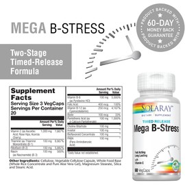 Solaray Mega Vitamin B-Stress, Two-Stage Timed-Release | Specially Formulated w/B Complex Vitamins for Stress Support | Non-GMO | Vegan | 60 Tabs
