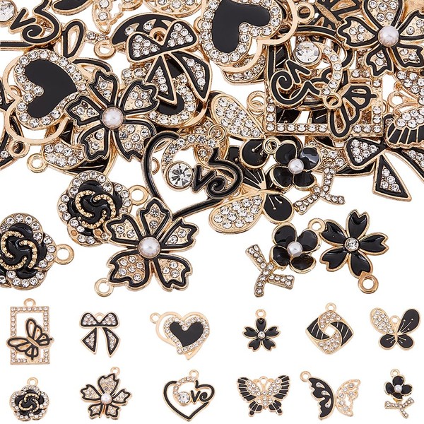 SUNNYCLUE 1 Box 48Pcs 12 Styles Assorted Black Charms Enamel