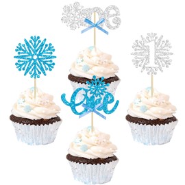 24 piezas de copos de nieve de una magdalena con purpurina para el primer cumpleaños de copos de nieve para el invierno con temática de Onederland, baby shower, 1er cumpleaños, decoración de pasteles, suministros de decoración de pasteles, color azul