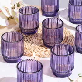 8 Pcs Large Lavender Votive Candle Holders, Tealight Ribbed Candle Holders Glass, Brildal Shower Table Decor,Wedding Centerpieces Table Decorations