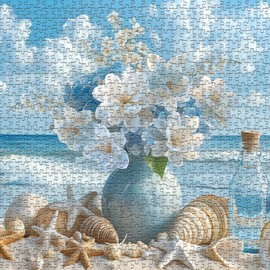 PICKFORU Beach Puzzles for Adults 1000 Pieces, Summer Ocean Flower Jigsaw Puzzle, Shell Starfish Marine Themed Challenging for Adults