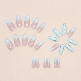Medium Press on Nails Coffin Fake Nails Gradient Nails Press ons Glossy Glue on Nails Light Green False Nails with White & Silver Lines Designs Artificial Stick on Nails for Women 24Pcs