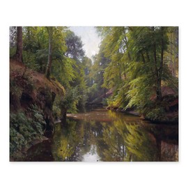 | A Wooded River Art, Vintage Forest Landscape Print - Old Growth Tree Wall Art, Dark Spring Decor, Scandinavian Art (8x10 Print - Unframed)