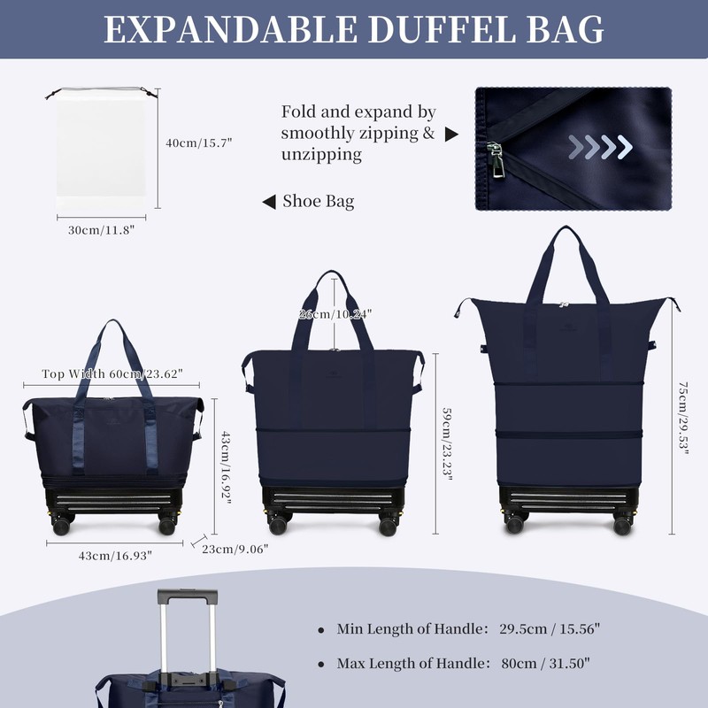 Rolling Duffel Bag with Detachable Wheels & Handle,Expandable Foldable Travel