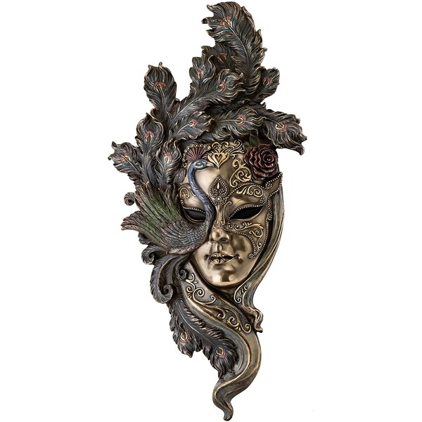 Top Collection Large Lady Peacock Venetian Style Carnival Mask- Decorative Hanging Wall Decor in Premium Cold Cast Bronze- 21-Inch Collectible Masquerade Party Mask Costume