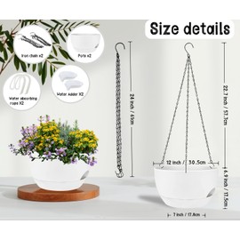 zople 2 Pack 12 Inch Large Hanging Planters with Chains Self Watering White Plastic Hanging Pots for Indoor Outdoor Plants, Garden Porch Home Decor，White