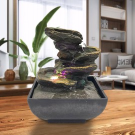 GWZiehory Indoor Tabletop Fountain Water Fountain with Light and Natural Waterfall Sounds for Desktop, Spa and Home Décor, 4-Tier Small Desktop Fountain for Leisure and Relax Zen Meditation