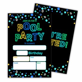 Hsupl Birthday Invitation Cards （4"x6" - Pool Party - Set Of 20 Birthday Invitations With Envelopes - Summer Retro Glow Neon Invites For Boys Girls Teens Kids - Party Supplies - A13